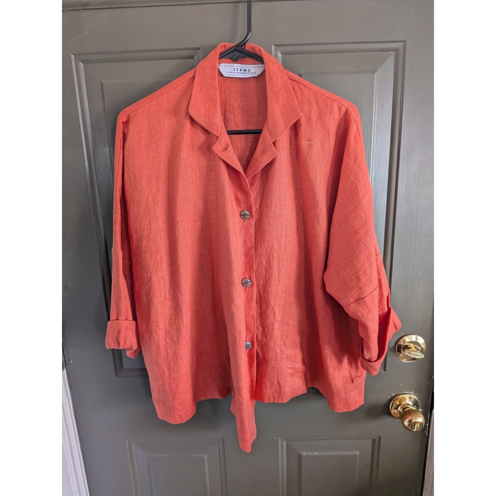 Itemz Chris Baumgartner 100% Linen Lagenlook Button‎ Down Shirt Orange Large